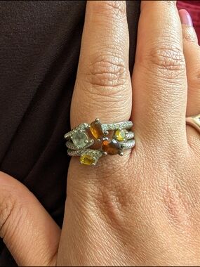 Vintage NVC Multi-Stone Sterling Silver Stackable Ring - Green, Amber & Yellow